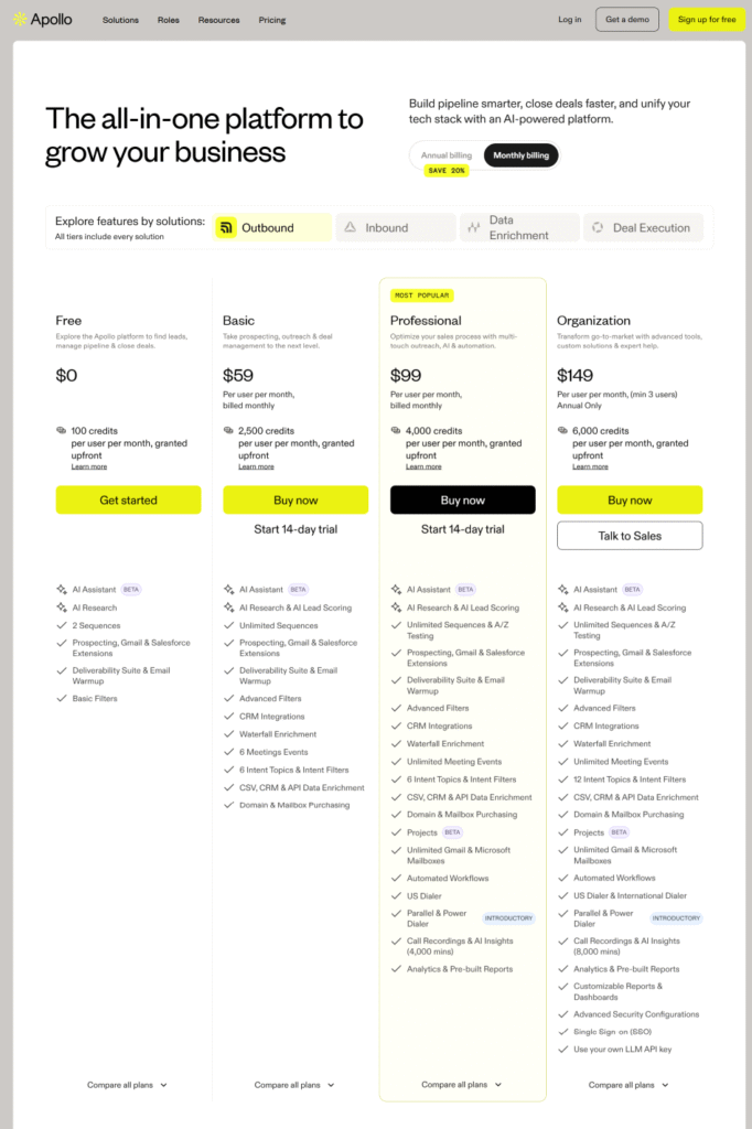 apollo io vs hunter io: apollo io pricing