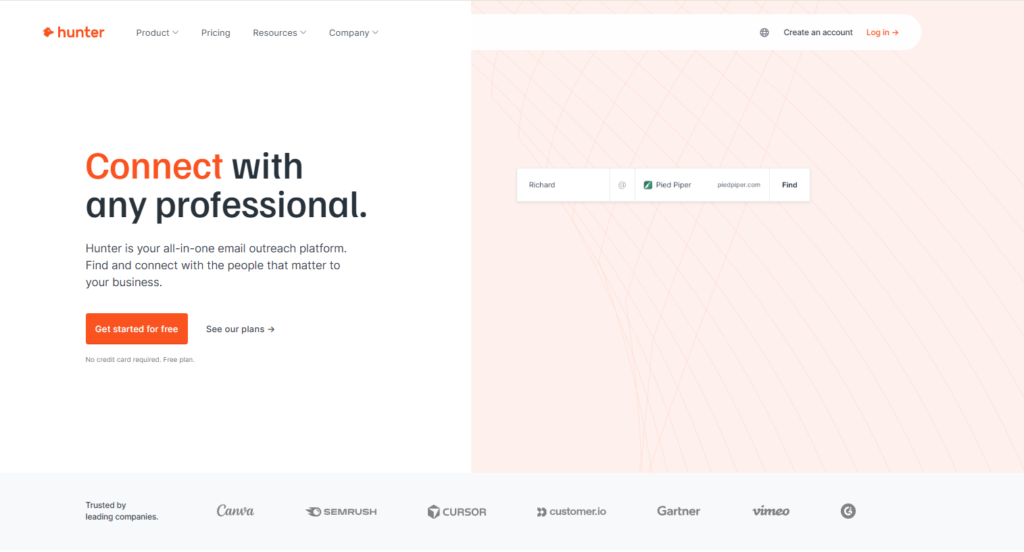 Hunter.io trusted by 6 million professionals at Canva, Semrush, and Gartner