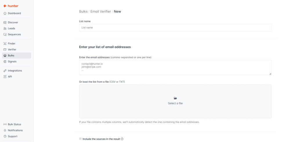 Hunter.io bulk email verification dashboard showing verified and invalid results