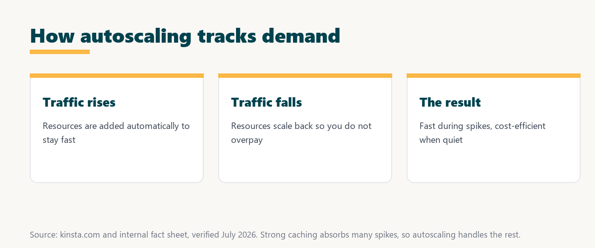 what is autoscaling: resources are added when traffic rises and scaled back when it falls, keeping a site fast and cost-efficient