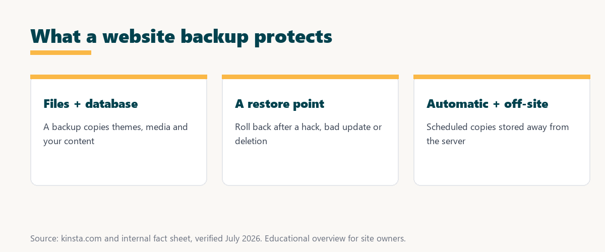 what a website backup protects: files and database, a restore point after problems, and automatic off-site copies