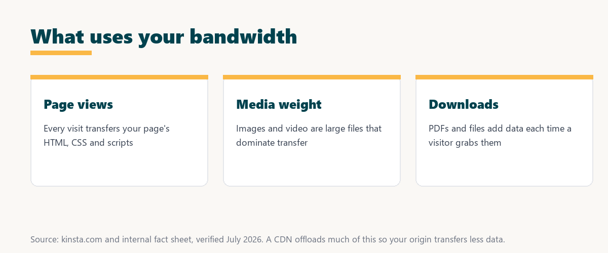what uses your bandwidth: page views, media weight from images and video, and file downloads