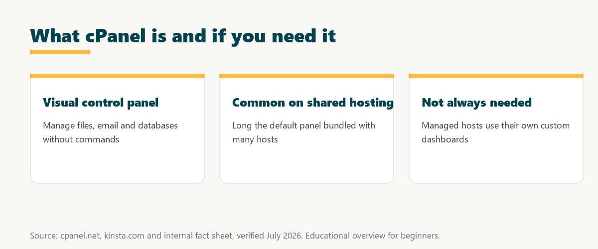what cpanel is and if you need it: a visual control panel, common on shared hosting, but not always needed on managed hosts