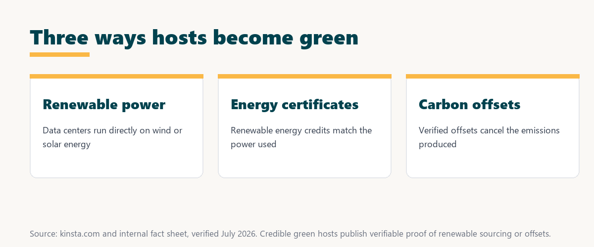 what is green hosting: renewable-powered data centers, renewable energy certificates, and verified carbon offsets