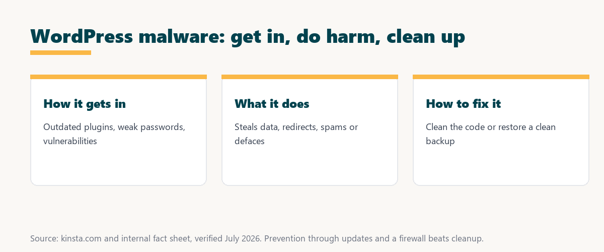 wordpress malware: how it gets in via outdated plugins and weak passwords, what it does, and how to clean or restore it