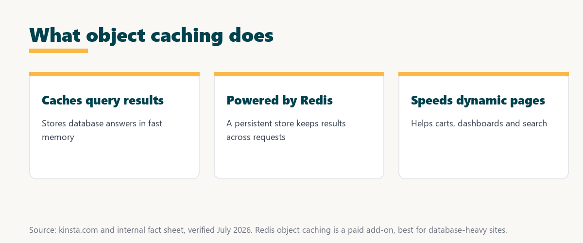 what object caching does: caches database query results, is powered by Redis, and speeds dynamic pages like carts and search