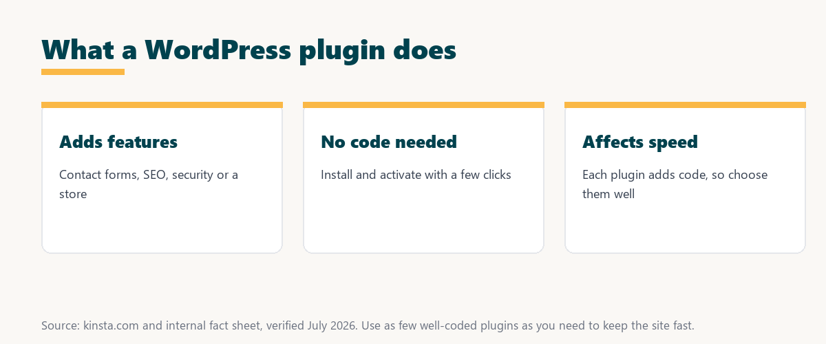 what a wordpress plugin does: adds features, needs no code, and affects site speed