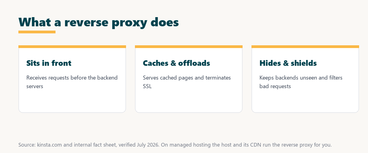 what a reverse proxy does: sits in front of servers, caches and offloads SSL, and hides and shields the backends