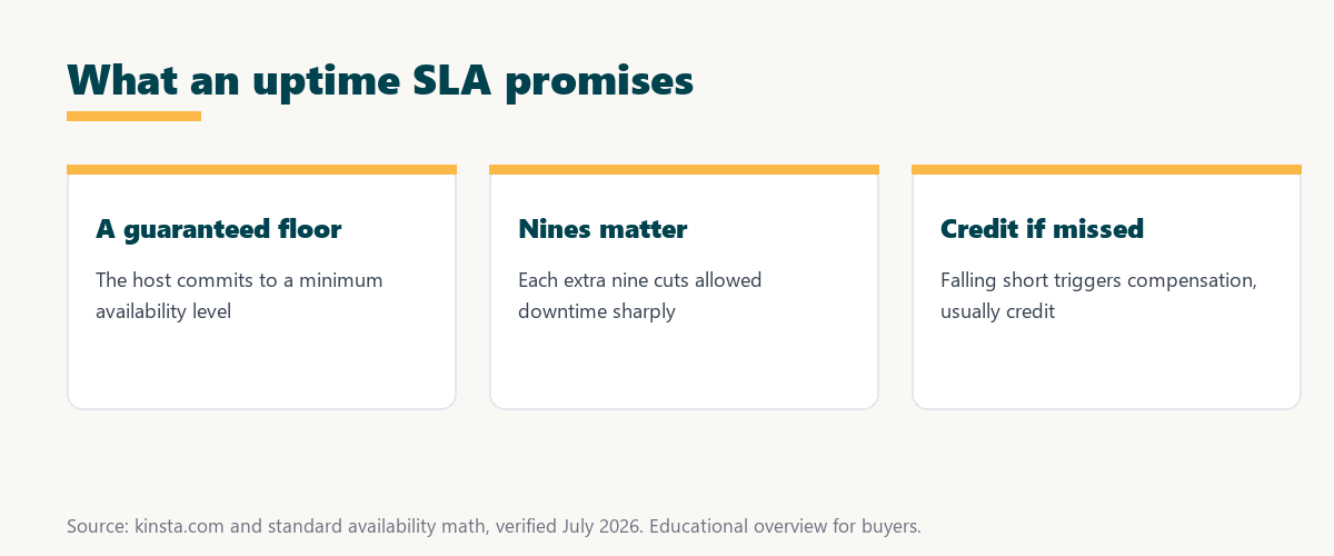 what an uptime sla promises: a guaranteed availability floor, where each extra nine cuts downtime, and credit if missed