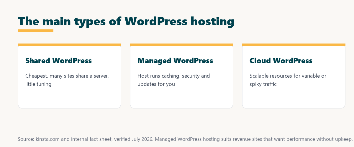 what is wordpress hosting: shared WordPress hosting, managed WordPress hosting, and cloud WordPress hosting compared